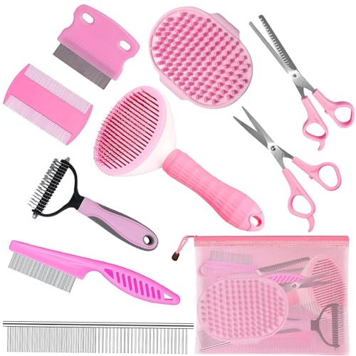 Complete Pet Grooming Solution by Dog - 9PCS Kit with Slicker Brush, Deshedding Tool, and Grooming Comb for All Breeds and Sizes, Promotes Healthy Skin and Coat - color: Pink, size: 10 PCS