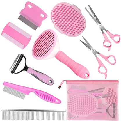 Complete Pet Grooming Solution by Dog - 9PCS Kit with Slicker Brush, Deshedding Tool, and Grooming Comb for All Breeds and Sizes, Promotes Healthy Skin and Coat - color: Pink, size: 10 PCS