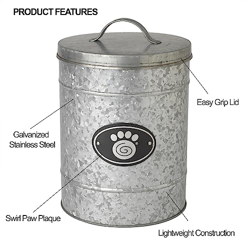 PetRageous 16079 Swirl Paw Galvanized Stainless-Steel Storage Container 6.02-Quart 7.87-Inch Diameter 9.84-Inch Tall for Dog Treats and Dog Food or Cat Treats, Metallic