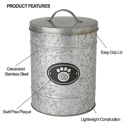 PetRageous 16079 Swirl Paw Galvanized Stainless-Steel Storage Container 6.02-Quart 7.87-Inch Diameter 9.84-Inch Tall for Dog Treats and Dog Food or Cat Treats, Metallic
