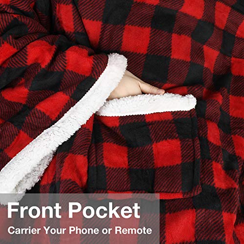 Catalonia Sherpa Wearable Blanket with Sleeves and Pocket for Adults - color: Red Checker, size: Standard Pocket