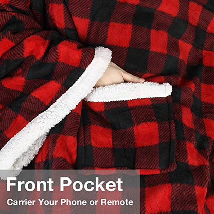 Catalonia Sherpa Wearable Blanket with Sleeves and Pocket for Adults - color: Red Checker, size: Standard Pocket