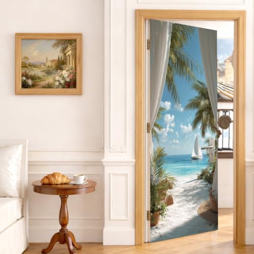 Tropical Window Curtain Beach Door Mural Peel Stick 30x79in Vinyl Decal - color: Colorful2219