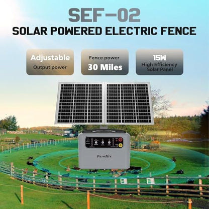 15W Solar Fence Charger, 6-12KV Adjustable Output 1.5J, 30 Miles