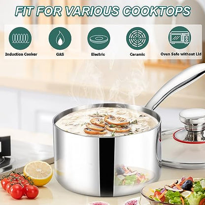 TeamFar 3qt Saucepan with Lid, Stainless Steel Tri-Ply Sauce Milk Pan - size: 3QT