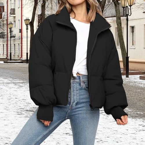 SXGYH Women’s Winter Cropped Puffer Jacket Coat Casual Quilted Baggy Long Sleeve Zip Down Jackets Outerwear - color: Black, size: Small