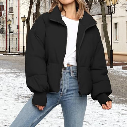 SXGYH Women’s Winter Cropped Puffer Jacket Coat Casual Quilted Baggy Long Sleeve Zip Down Jackets Outerwear - color: Black, size: X-Large