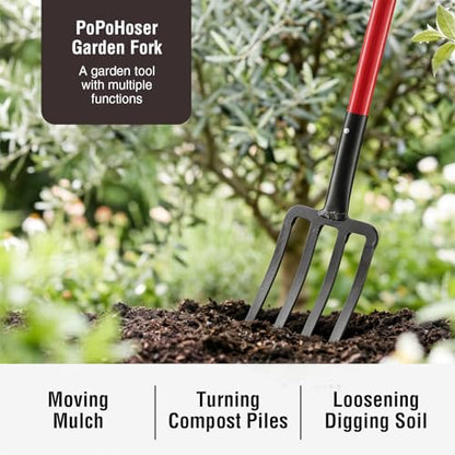 Heavy Duty Garden Fork, 4-Tine Digging Fork with Ergonomic Fiberglass Handle, Pitch Fork, 44 Inch Spading Fork for Compost, Mulch, Hay & Soil