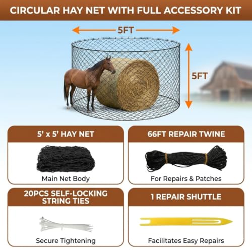 6x6ft Round Bale Hay Net Heavy Duty Knotless Slow Feeder Forage Mesh