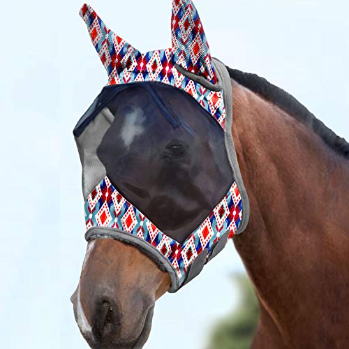 Harrison Howard LumiVista Horse Fly Mask Standard with Ears UV Protection for Horse Tribal Rhombus L Full Size - color: Tribal Rhombus, size: Full (Large)