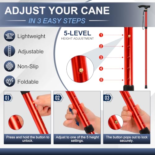 supregear Folding Cane, 5-Level Adjustable Height Walking Stick Lightweight Collapsible Portable Travel Cane with Wrist Strap and T Handle for Elderly Disabled Men Women - color: Red