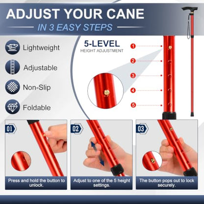 supregear Folding Cane, 5-Level Adjustable Height Walking Stick Lightweight Collapsible Portable Travel Cane with Wrist Strap and T Handle for Elderly Disabled Men Women - color: Red
