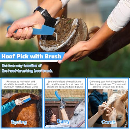 Abbylike 12 Pieces Horse Grooming Kit Equine Care Brushes,Blue - color: Blue