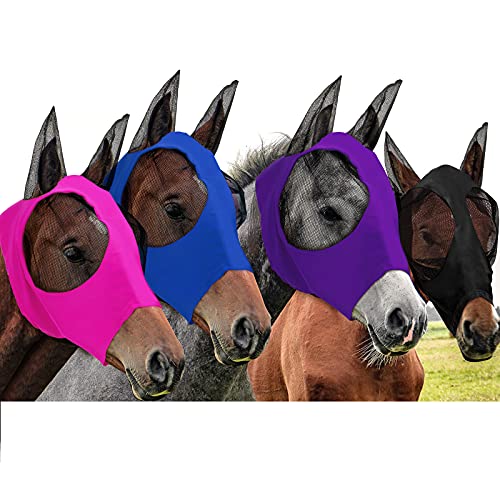 Frienda 4 Pcs Horse Fly Mask with Ear, Large, Purple, Blue, Pink, Black - color: Purple, Blue, Pink, Black, size: Large