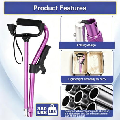Stand Secure Cane with Stand Up Assist Handle for Elderly, 4 Prong Adjustable Walking Canes for Seniors Women and Men, Non-Slip Wide Base, Aluminum Foldable Stand Cane - color: Light Purple
