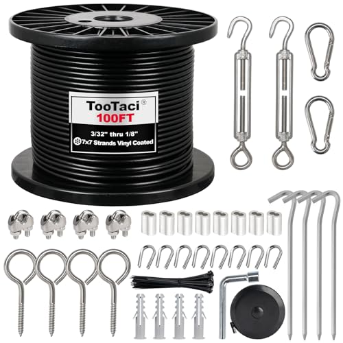 TooTaci 1/8" Wire Rope Kit, 100FT Black Vinyl Coated Stainless Steel Cable - color: Black, size: 100FT-1/8 Black Vinyl Coated Cable