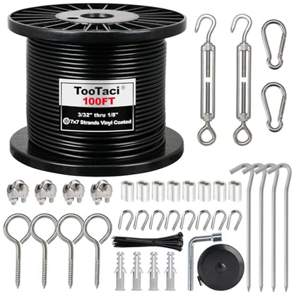 TooTaci 1/8" Wire Rope Kit, 100FT Black Vinyl Coated Stainless Steel Cable - color: Black, size: 100FT-1/8 Black Vinyl Coated Cable