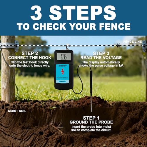 allsun Digital Electric Fence Voltage Tester and Fault Farm Finder, Fence Voltmeter/Grounding Tester LCD Display for 300V to 9.9kV Pulse, Fence Voltage Indicator Checker Farm Gardening Tool