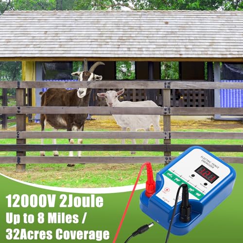 MorningRo Electric Fence Kit, 8 Mile 12kV 2J Electric Fence Charger AC/DC Powered with 50 Insulators, Socket Tool, 250ft Aluminum Wire for Livestock Control(LCD Display Ver.,Blue) - style: LCD Display Ver