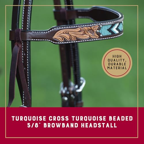 Weaver Equine Turquoise Diamond Beaded Horse Headstall, Leather Headstalls for Horses for Trail Riding, Durable Equine Supplies, Dark Oil