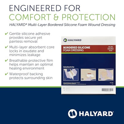HALYARD Multi-Layer Bordered Silicone Foam Wound Dressing Sacral Bandage Gentle Adhesive Superabsorbent Core Conformable & Breathable Water Resistant Protective Film Backing, 9 Inch x 8 Inch (Box of - size: 9"x8"