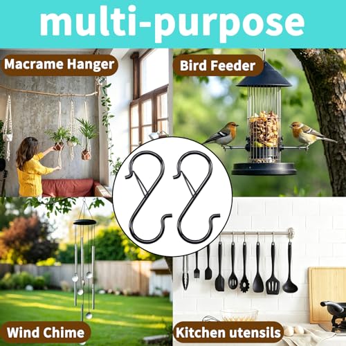 28 PCS S Hooks for Hanging, 3.5 Inch Heavy Duty S Hooks with Safety Buckle, Metal Hook for Closet, Kitchen, Plants, Hanging Plant Hooks for Clothes, Bags, Cups, Utensils (Black, 28PCS) - size: 28PCS