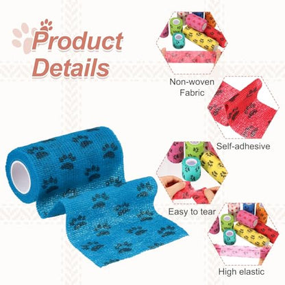 Pet Wrap Bandages, 4 Inch 5 Yard Self Adhesive Bandage Wrap, Pet Non-Woven Tape First Aid Cohesive Gauze, (Light Blue/Paw, 2 Pcs), Intended for Dog/Cat/Bird/Legs/Paws/Wound - color: Light Blue, size: 4 inch