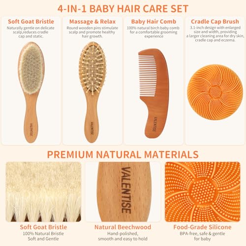 4 Pack Wooden Baby Hair Brush Set, Baby Brush and Comb Set with Soft Goat Bristle, Cradle Cap Brush for Newborns & Toddlers, Perfect Baby Registry Gift