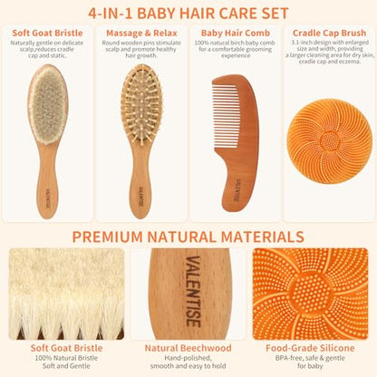 4 Pack Wooden Baby Hair Brush Set, Baby Brush and Comb Set with Soft Goat Bristle, Cradle Cap Brush for Newborns & Toddlers, Perfect Baby Registry Gift