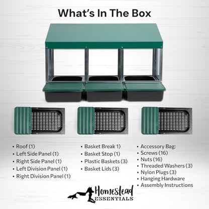 Homestead Essentials Compact Style 3 Compartment, Forward Rollout & Rollaway, Hen & Chicken Nesting Box with Protective Egg Laying Collection Lids