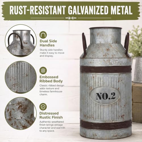 2 Pcs 15.2'' Large Rustic Galvanized Metal Milk Can Vase with Handle