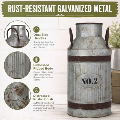 2 Pcs 15.2'' Large Rustic Galvanized Metal Milk Can Vase with Handle