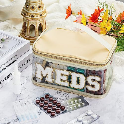 Geetery Chenille Letter Bag, Meds Bag, Large Medication Travel Cases, Nylon Beige Makeup Portable Pouch, Cheerleader Gifts for Women(Beige, Meds) - color: Beige, style: Meds