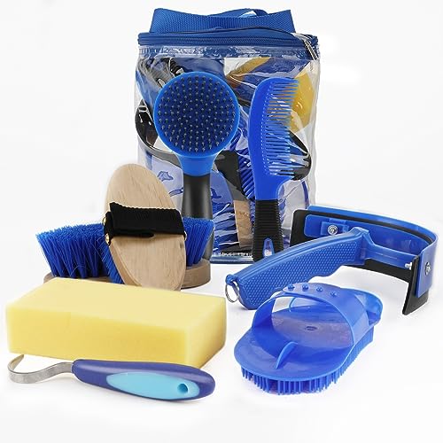 Horse Grooming Kit, 9-Piece Horse Brush Set with Tote Bag, Blue - color: Blue