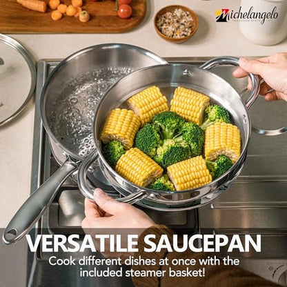 MICHELANGELO Stainless Steel Pot Set with Steamer, 1QT & 2QT & 3QT, 7-Piece - size: 1+2+3QT