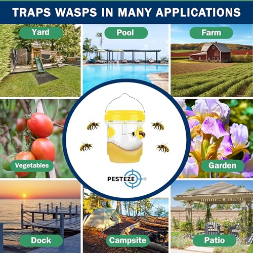 PESTEZE USA 2 Pack Reusable Solar Hanging Wasp Trap with LED Light [Yellow, 3.5×4.4 in] Attracts & Kills Wasps, Hornets, Yellow Jackets & Flying Insects Safely, Chemical-Free, Waterproof Outdoor Trap