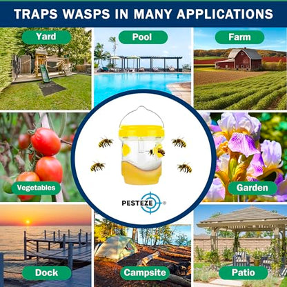 PESTEZE USA 2 Pack Reusable Solar Hanging Wasp Trap with LED Light [Yellow, 3.5×4.4 in] Attracts & Kills Wasps, Hornets, Yellow Jackets & Flying Insects Safely, Chemical-Free, Waterproof Outdoor Trap
