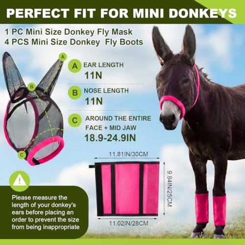 Mini Donkey Fly Mask with Ears and 4 Set Donkey Fly Boots Mule Leggings, Breathable Stretchy Mule Leg Wraps Mask Boots with Mesh Eye Covers from Insects and Bugs with Adjustable (Rose Red) - color: Rose Red