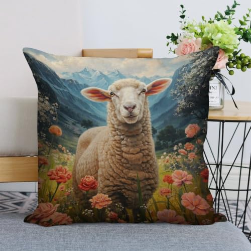 Sheep Among The Flowers Throw Pillow Covers 18"x18" - size: 18" x 18" (Pack of 1)