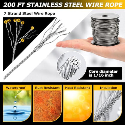 Lothee 143 Pcs 1/16" Wire Rope Kit 200ft Steel Wire Cable with Crimping Tool and Cable Cutter for Outdoor Garden Kitchen Craft Fence DIY Project Clothes Line