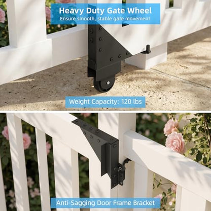 Sliding Gate Hardware Kit, Heavy Duty Fence Gate Kit with Roll Wheels, Universal Fit for 1" to 2" Thick Wood Fence Gates, Anti-Sag Corner Frame Brackets, Smooth Rolling, Easy DIY Installation