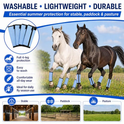 Fly Boots for Horses Set of 4 - Breathable Mesh Equine Leg Protection,Anti-Sag Stay-On Horse Fly Boots,Reduces Stomping & Fatigue,UV-Block, Adjustable Fit for Medium to Large Horses (Light Blue)