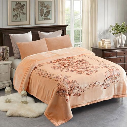 JML Raschel Fleece Blanket Heavy, 11 lbs, 87"x94", Flowers Branches Beige | Korean-style, 2 Ply, A&B Printed, 1 Side Embossed, Cozy Thick Warm for Winter - color: Flowers Branches Beige