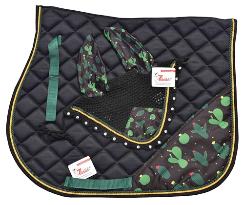 Coctus Print Saddle Pad Set with Matching Ear Bonnet – Print Horse Riding Gear – Non-Slip & Breathable – Western/English Show