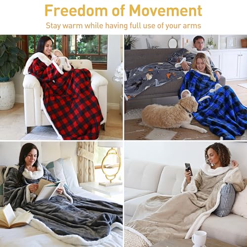 Catalonia Sherpa Wearable Blanket with Sleeves and Pocket for Adults - color: Red Checker, size: Standard Pocket