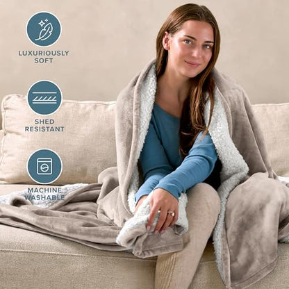 Bare Home Sherpa Fleece Blanket (Throw, Pebble) - color: 09 - Light Taupe, size: Throw/Travel