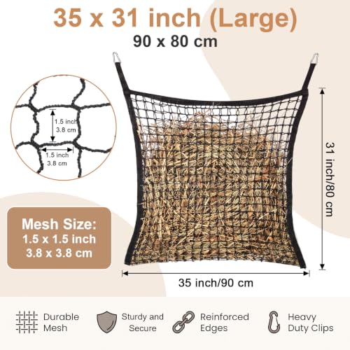 4 Pcs Hay Nets for Horses, Large Capacity Slow Feed Hay Bags for Horses, Goats, Sheep, Donkey, Easy to Fill and Hang, 35 x 31 Inch, Black