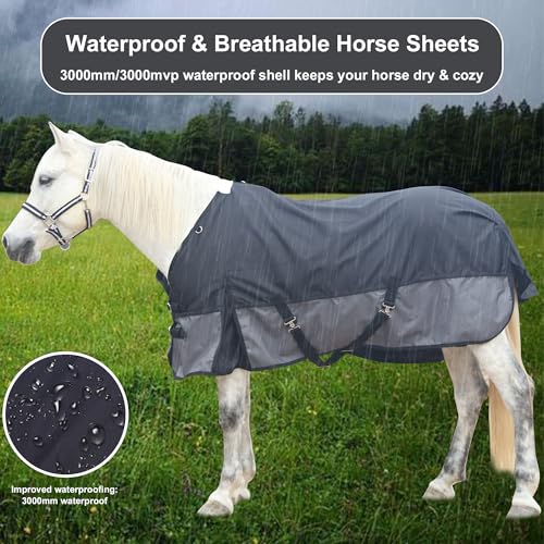 1200D Horse Blanket, 0g No-Fill Waterproof Turnout Rain Sheet - color: Black Grey, size: 75"