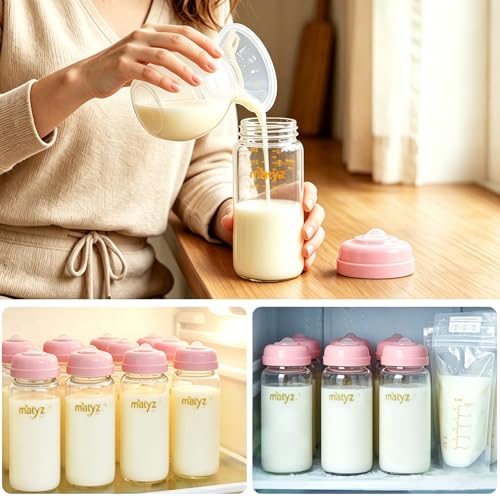 Matyz Glass Breastmilk Storage Set, 4 Pack 10oz, Compatible with Spectra Medela Philips Avent Pumps, Wide-Mouth Leakproof Containers for Freezing & Feeding, BPA-Free (Pink Lids) - color: [4 Pack] Pink Lids - 10 Ounce Borosilicate GLASS Bottle