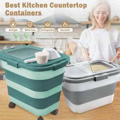Komzon Rice Storage Container10-40 Lb, 25 Lb Pet Dog Food Storage Container, Collapsible Airtight Rice Storage Container, Rice Dispenser Bin with Cup and Scoop for Flour Cereal Pasta Grain, Cat Bird - size: 15-40 Lbs